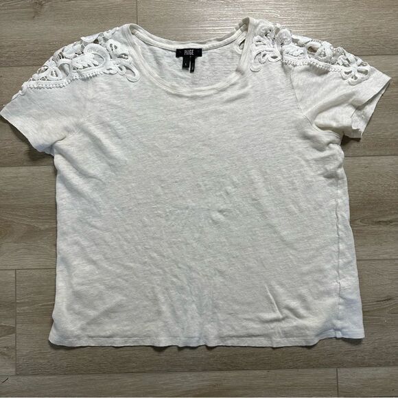 Paige White Linen Blend Short Sleeve Scoop‎ Neck Shirt Crotchet Lace Shoulders - Picture 4 of 8